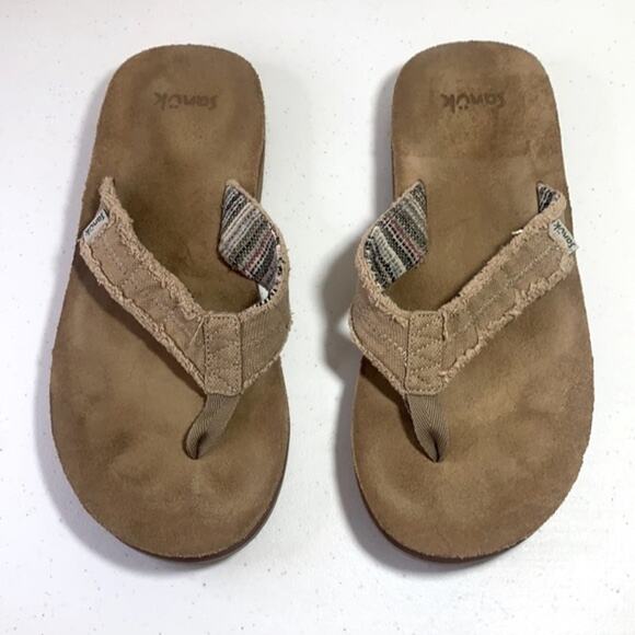 SANUK FRAID NOT ST TAN HEMP/LEATHER FLIP FLOPS - Picture 2 of 8